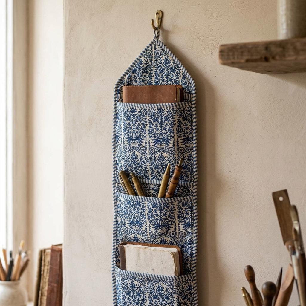 Blue Indigo Quilted Cotton Hanging Wall Organizer, Handcrafted Slim Jewelry Pocket Fabric Hanger