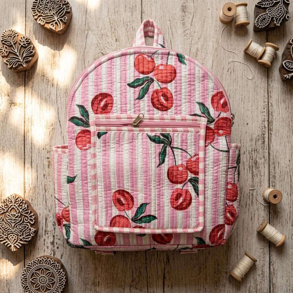 Pink Cherry Quilted Cotton Backpack, Handcrafted Travel Bookbag, Red Fruit Large School Pack