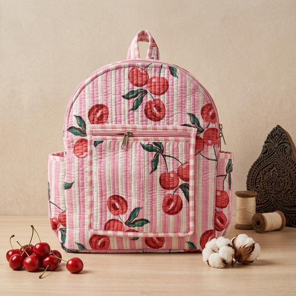 Pink Cherry Quilted Cotton Backpack, Handcrafted Travel Bookbag, Red Fruit Large School Pack