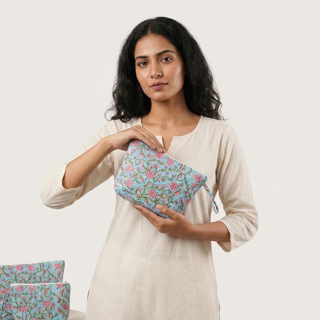 Blue Quilted Cotton Makeup Pouch Set, Handcrafted Cosmetic Organizer, Pink Floral Travel Bag
