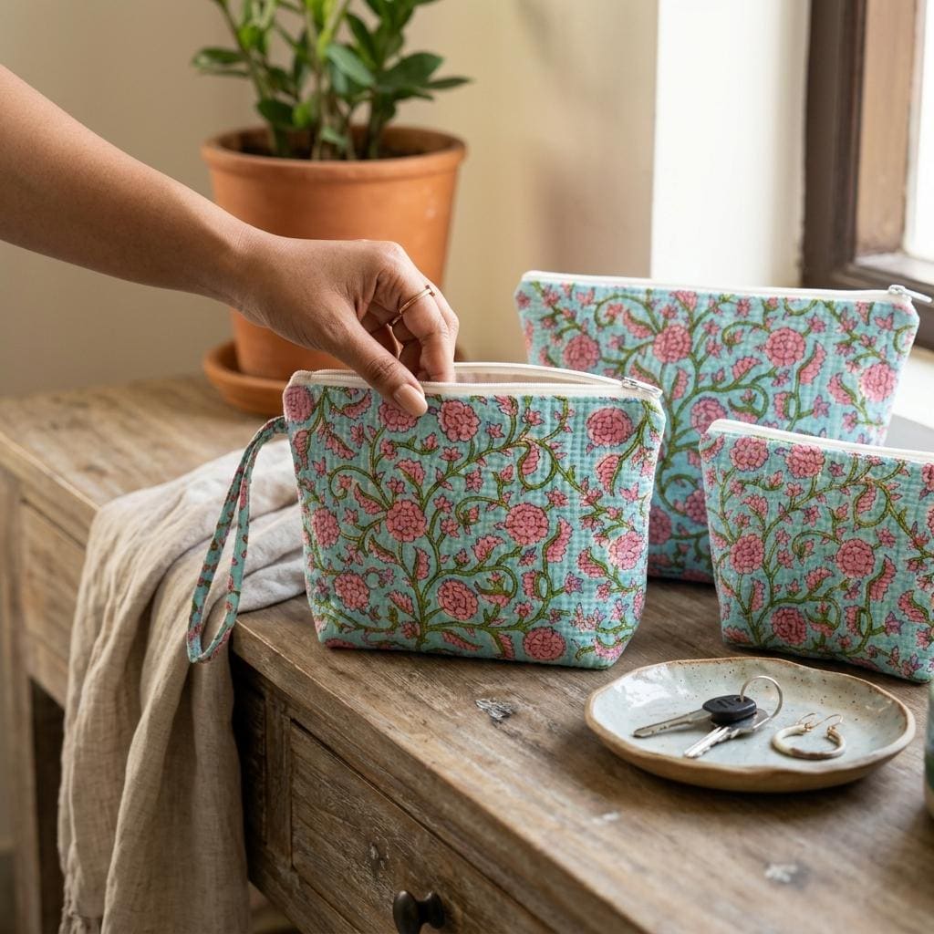 Blue Quilted Cotton Makeup Pouch Set, Handcrafted Cosmetic Organizer, Pink Floral Travel Bag
