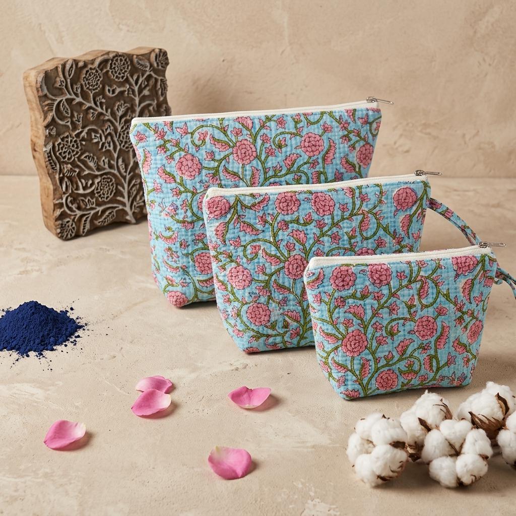 Blue Quilted Cotton Makeup Pouch Set, Handcrafted Cosmetic Organizer, Pink Floral Travel Bag