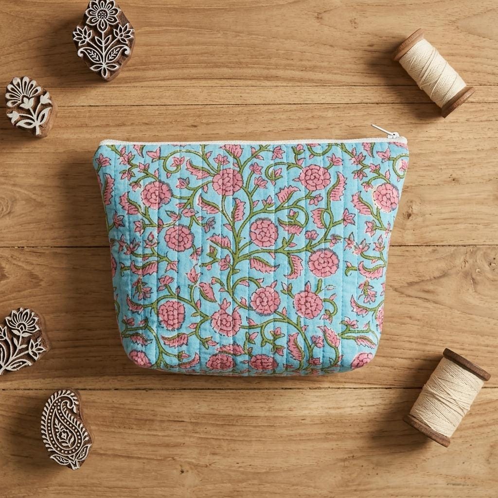 Blue Quilted Cotton Makeup Pouch Set, Handcrafted Cosmetic Organizer, Pink Floral Travel Bag