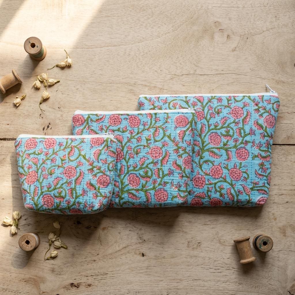 Blue Quilted Cotton Makeup Pouch Set, Handcrafted Cosmetic Organizer, Pink Floral Travel Bag