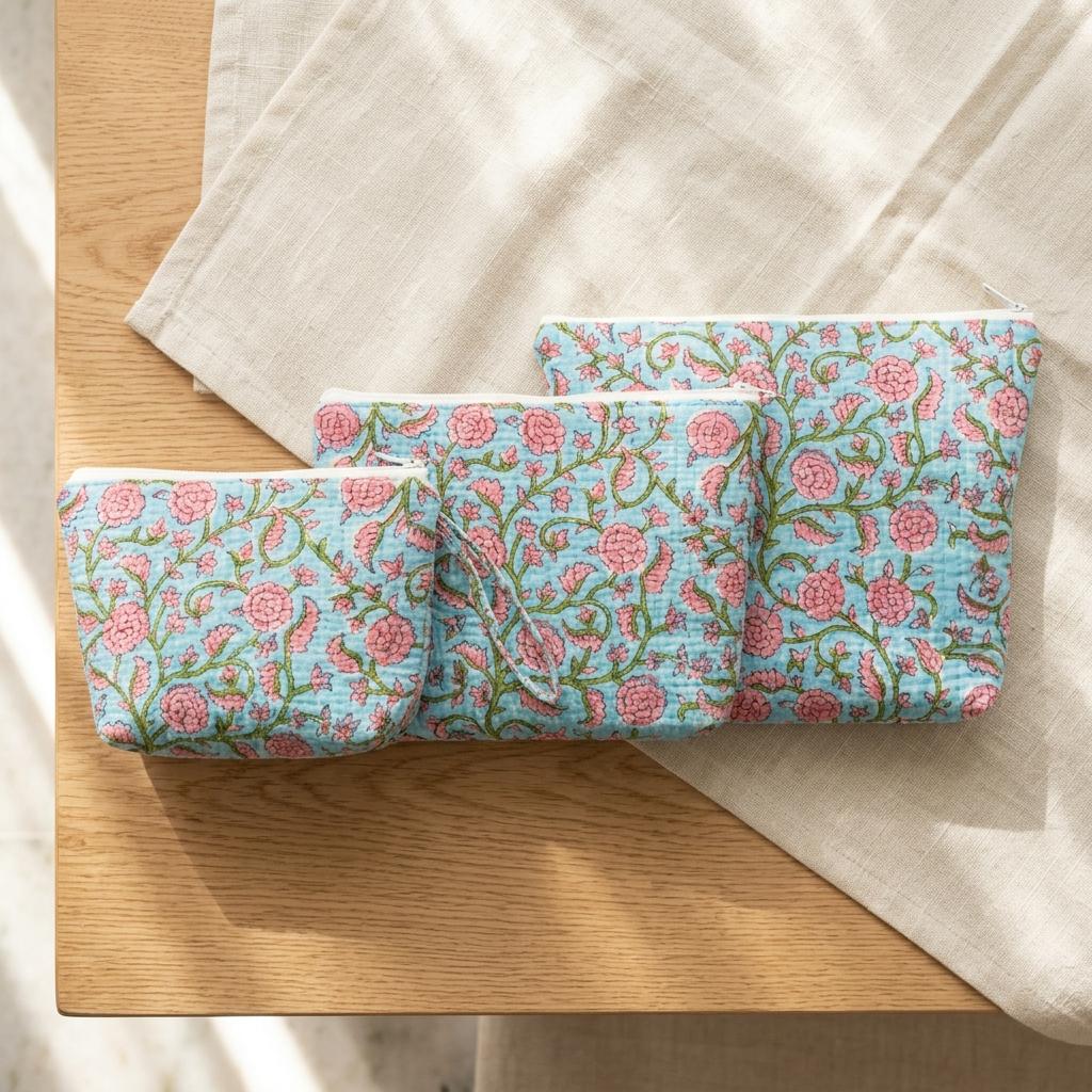 Blue Quilted Cotton Makeup Pouch Set, Handcrafted Cosmetic Organizer, Pink Floral Travel Bag