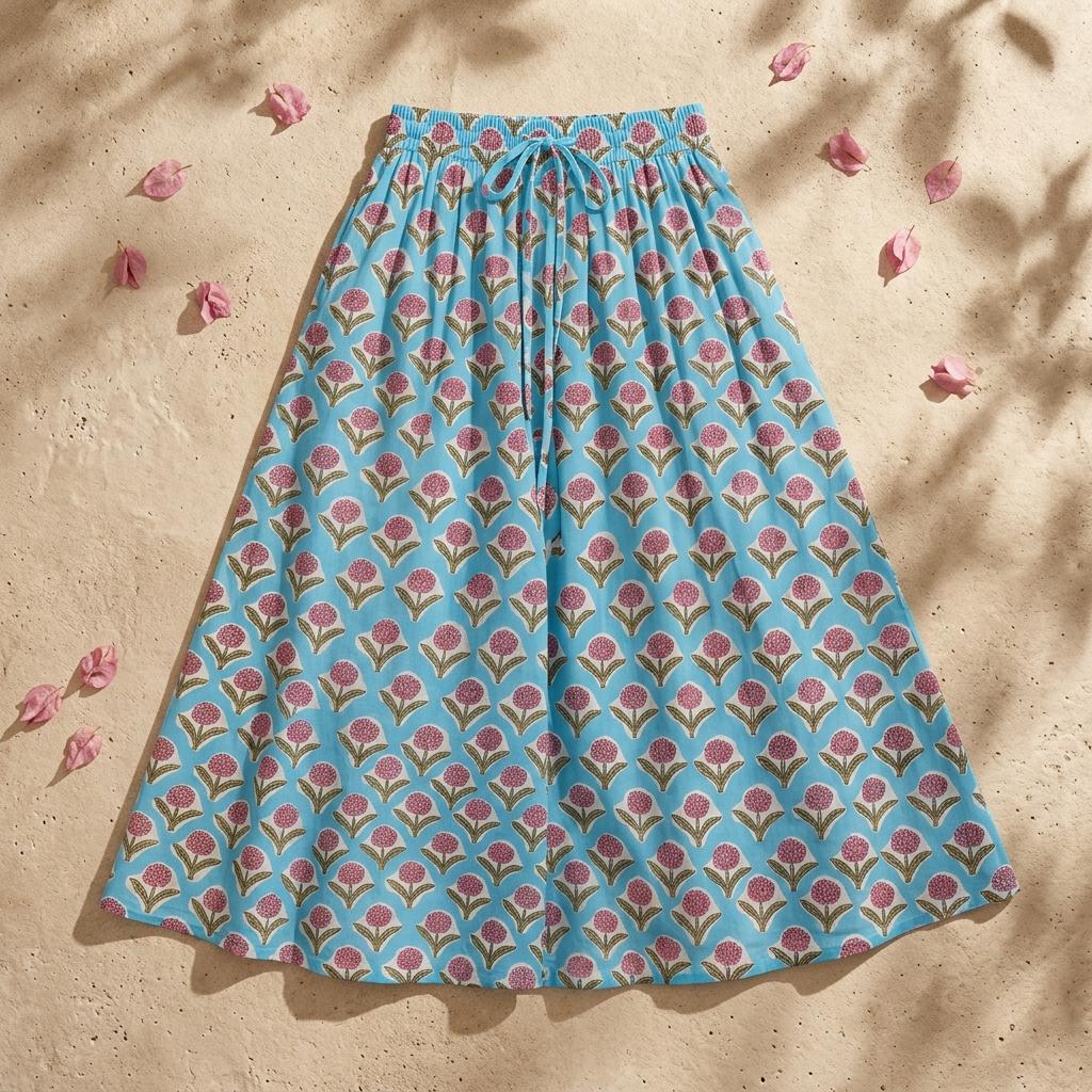 Blue Floral Cotton Maxi Skirt, Handcrafted Flower Pocket Bohemian Long Summer Dress