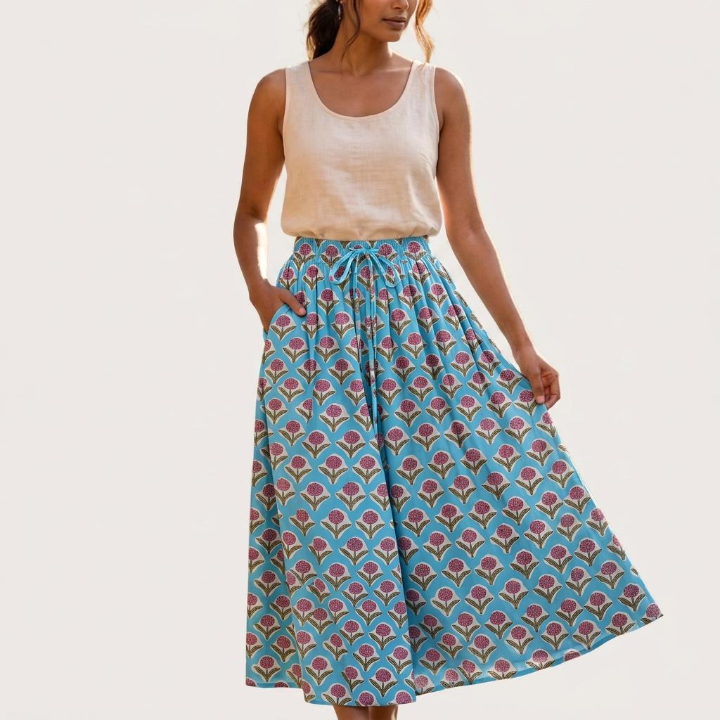 Blue Floral Cotton Maxi Skirt, Handcrafted Flower Pocket Bohemian Long Summer Dress