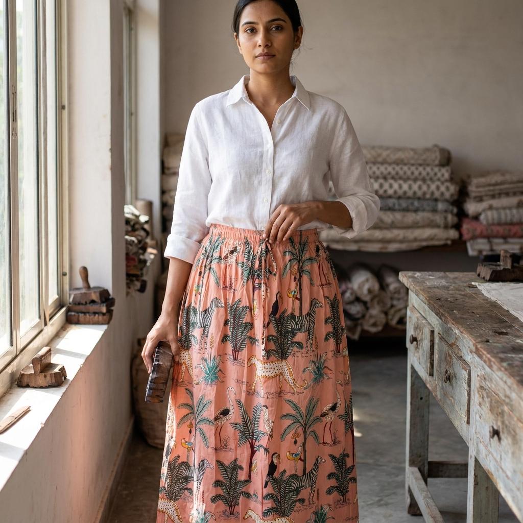 Peach Leopard Quilted Cotton Maxi Skirt, Handcrafted Jungle Bohemian Long Summer Safari Dress