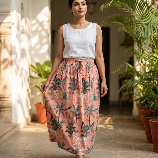 Peach Leopard Quilted Cotton Maxi Skirt, Handcrafted Jungle Bohemian Long Summer Safari Dress