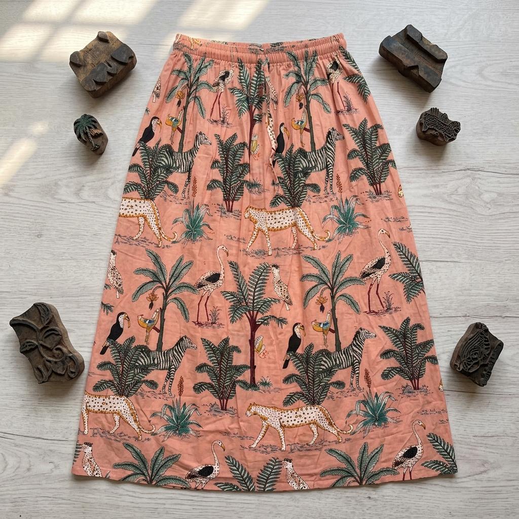 Peach Leopard Quilted Cotton Maxi Skirt, Handcrafted Jungle Bohemian Long Summer Safari Dress