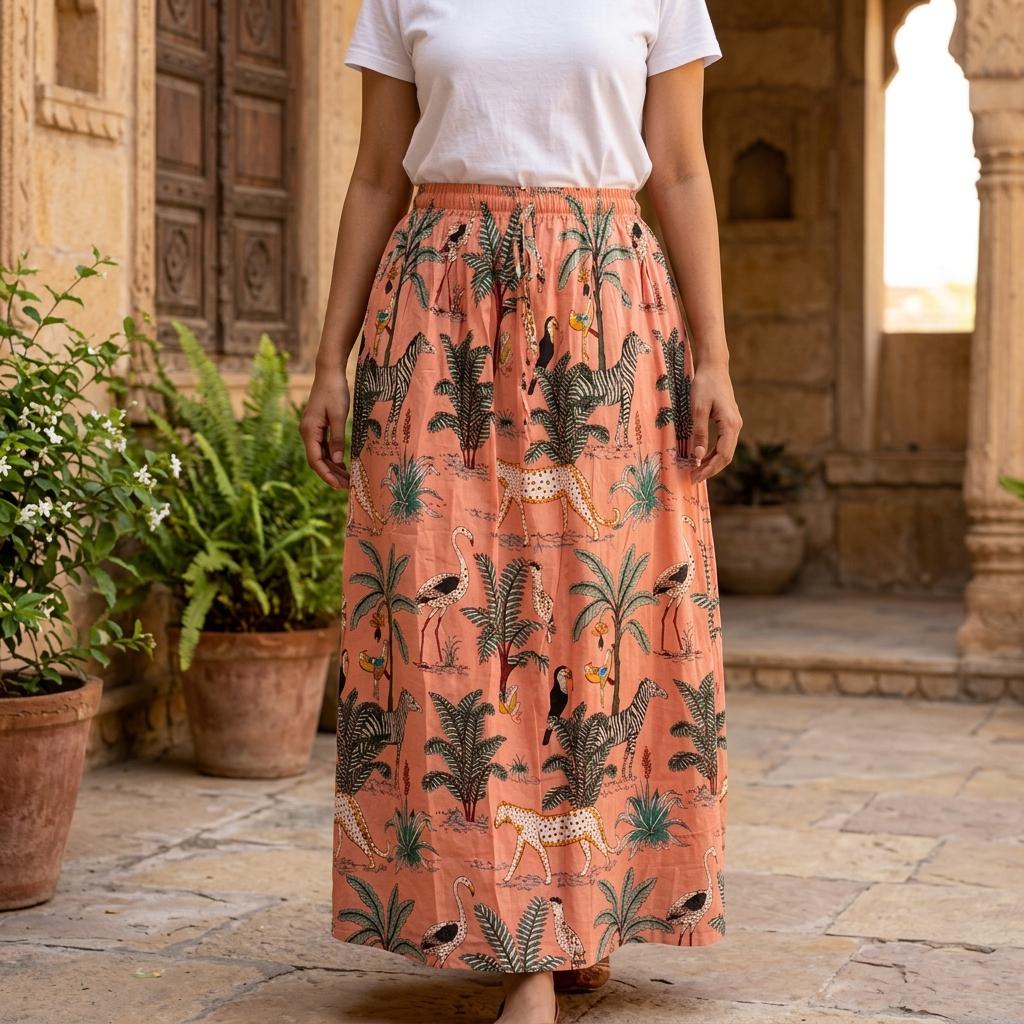 Peach Leopard Quilted Cotton Maxi Skirt, Handcrafted Jungle Bohemian Long Summer Safari Dress