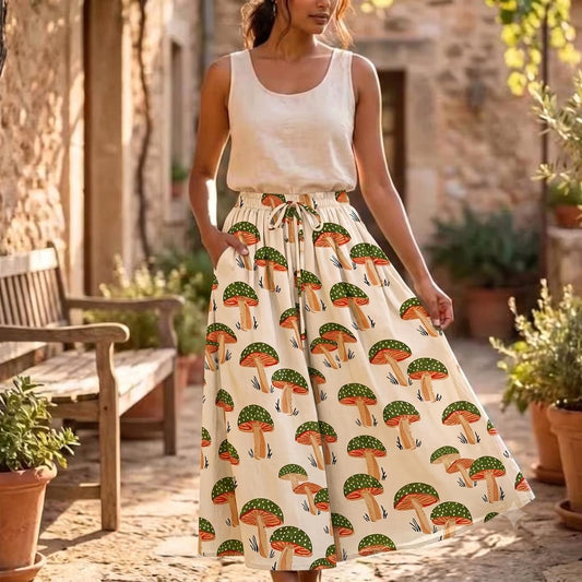 Green Mushroom Quilted Cotton Maxi Skirt, Handcrafted Cottagecore Bohemian Long Summer Dress Pocket