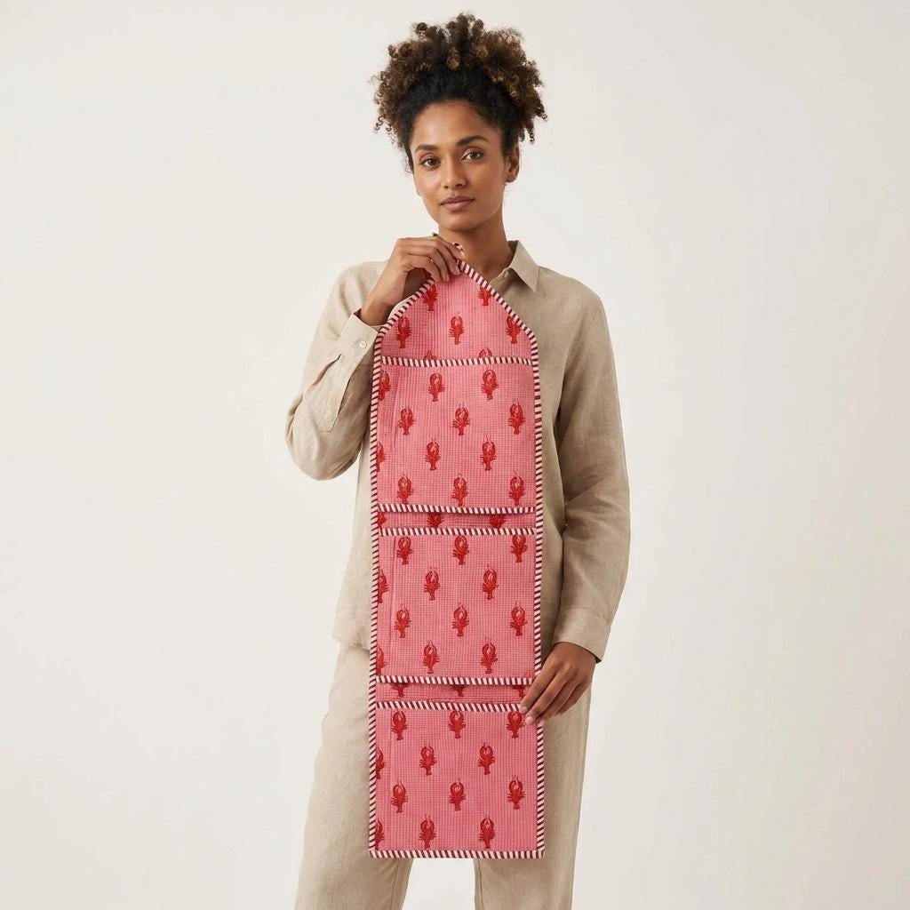 Pink Lobster Quilted Cotton Hanging Wall Organizer, Handcrafted Slim Jewelry Pocket Fabric Hanger