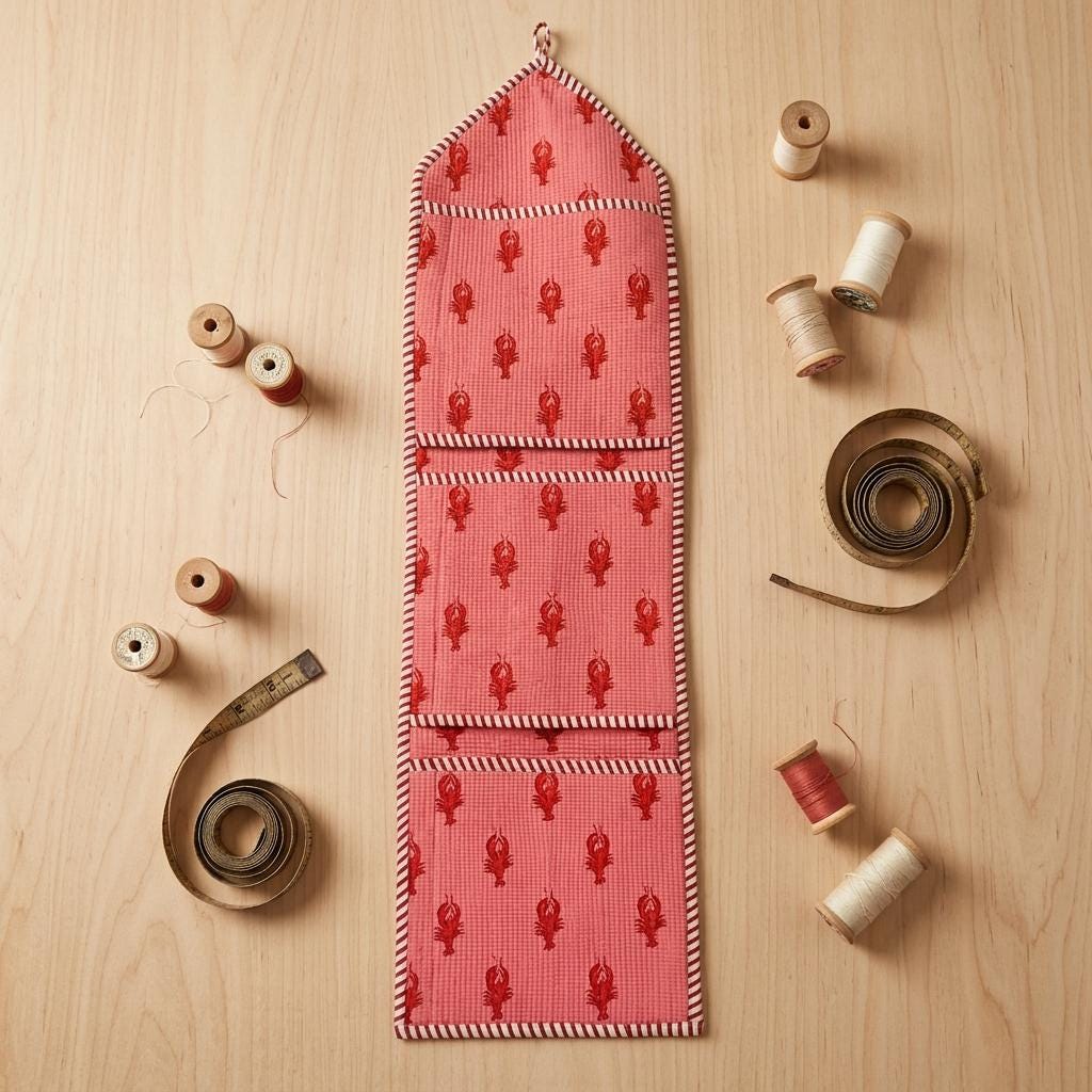 Pink Lobster Quilted Cotton Hanging Wall Organizer, Handcrafted Slim Jewelry Pocket Fabric Hanger