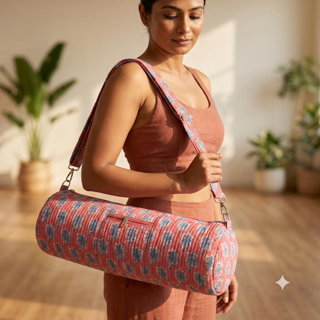 Pink Quilted Cotton Yoga Mat Bag, Handcrafted Floral Gym Tote Carrier Holder Sling