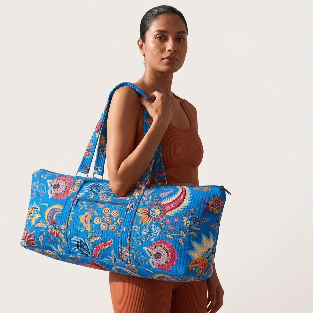 Blue Paisley Quilted Cotton Yoga Mat Bag, Handcrafted Shoulder Carrier, Pink Floral Fitness Tote