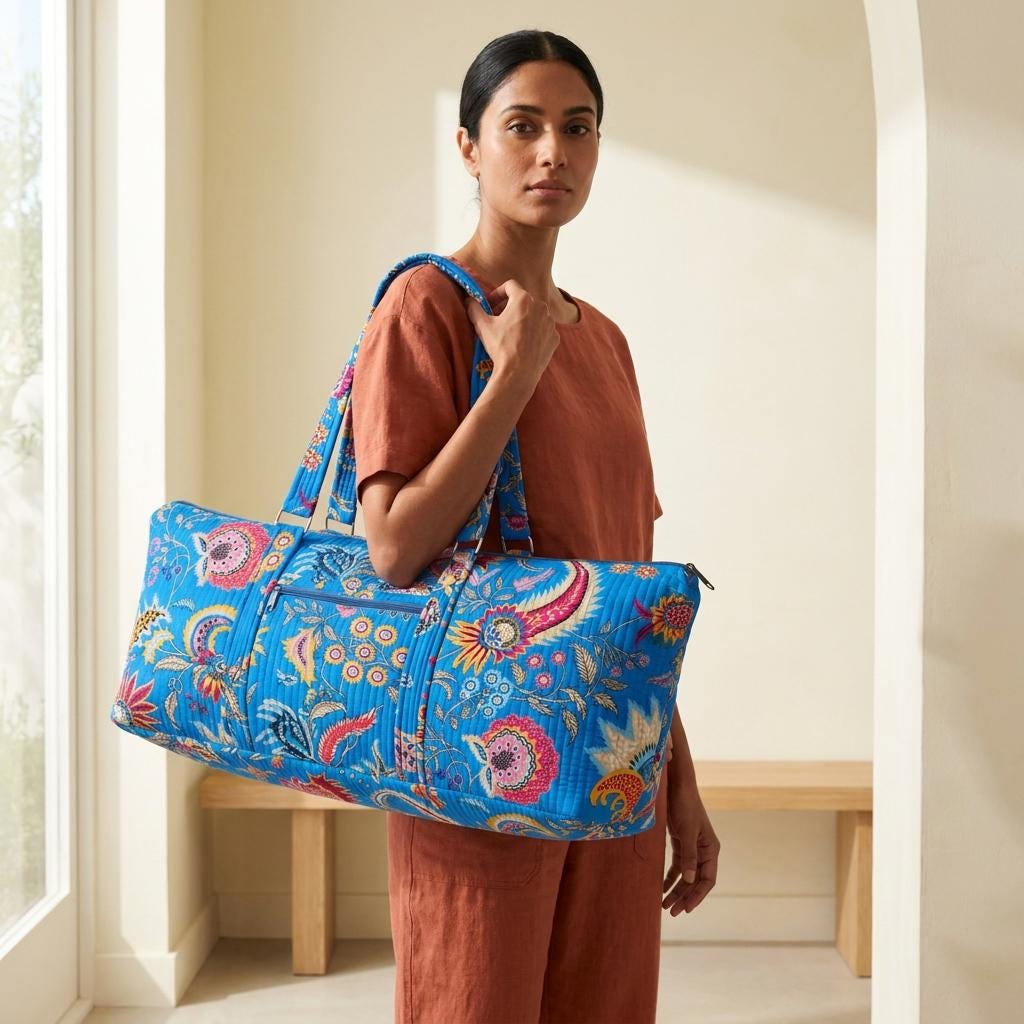 Blue Paisley Quilted Cotton Yoga Mat Bag, Handcrafted Shoulder Carrier, Pink Floral Fitness Tote