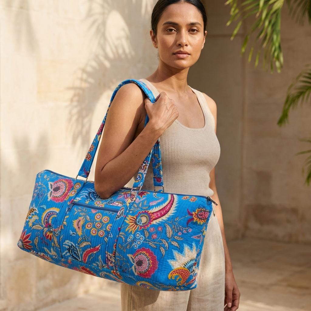 Blue Paisley Quilted Cotton Yoga Mat Bag, Handcrafted Shoulder Carrier, Pink Floral Fitness Tote