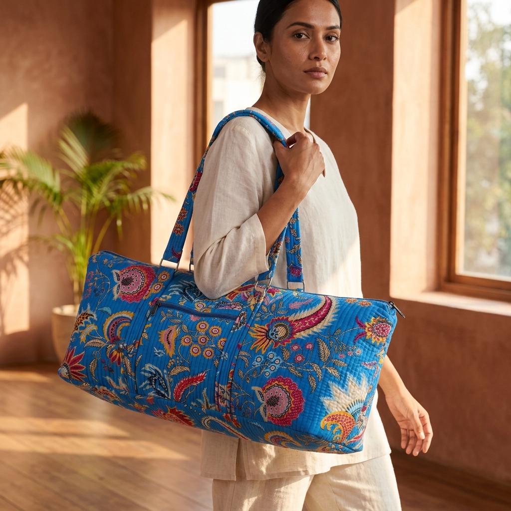 Blue Paisley Quilted Cotton Yoga Mat Bag, Handcrafted Shoulder Carrier, Pink Floral Fitness Tote
