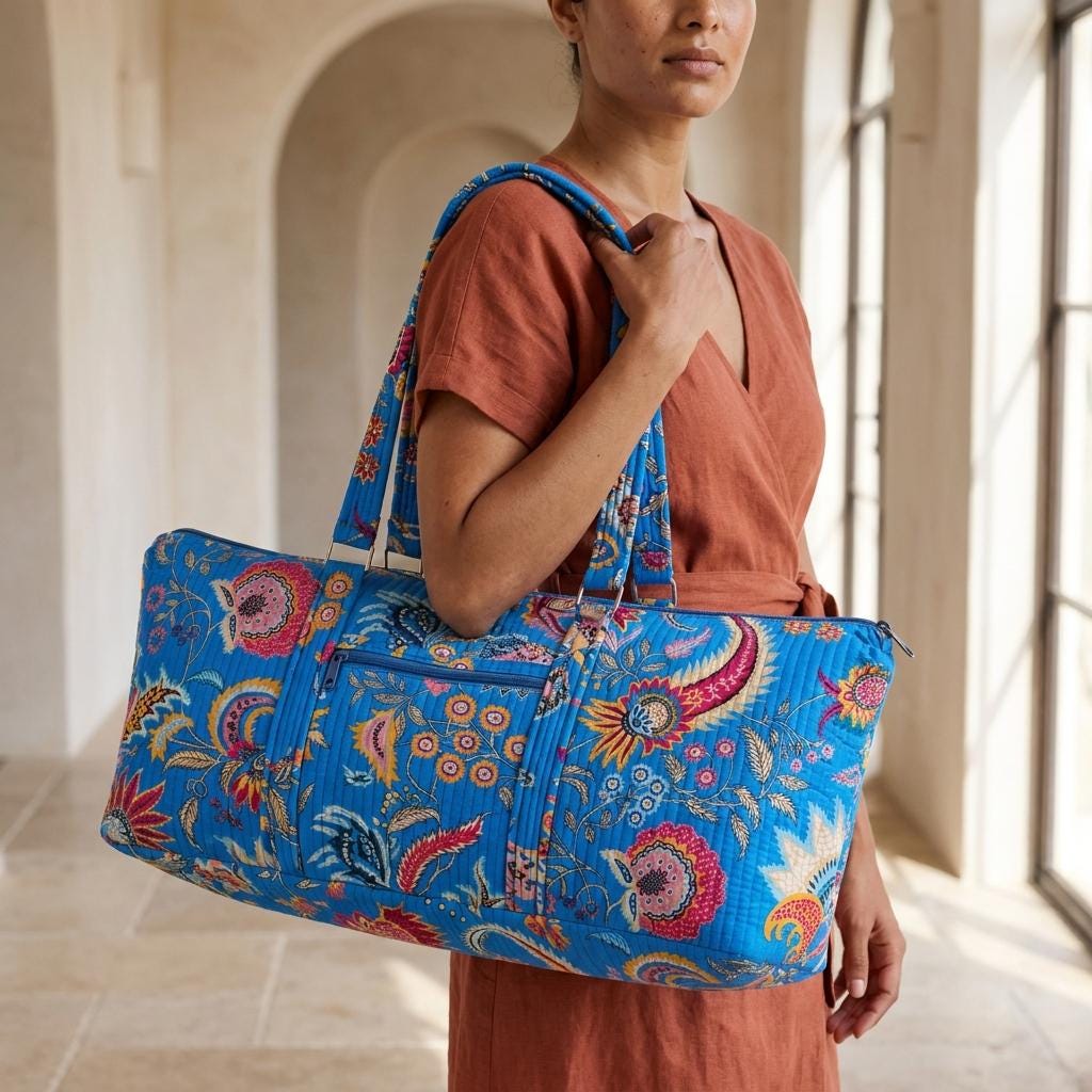 Blue Paisley Quilted Cotton Yoga Mat Bag, Handcrafted Shoulder Carrier, Pink Floral Fitness Tote