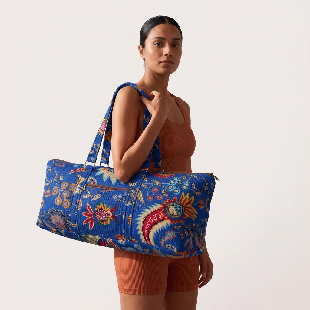 Paisley Quilted Cotton Yoga Mat Bag, Handcrafted Shoulder Carrier, Pink Floral Fitness Tote