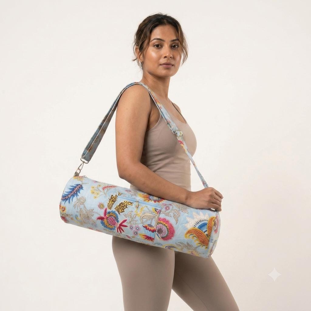 Quilted Cotton Sky Blue Floral Yoga Mat Bag Handcrafted Crossbody Carrier Women