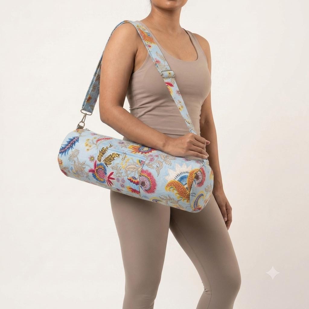 Quilted Cotton Sky Blue Floral Yoga Mat Bag Handcrafted Crossbody Carrier Women