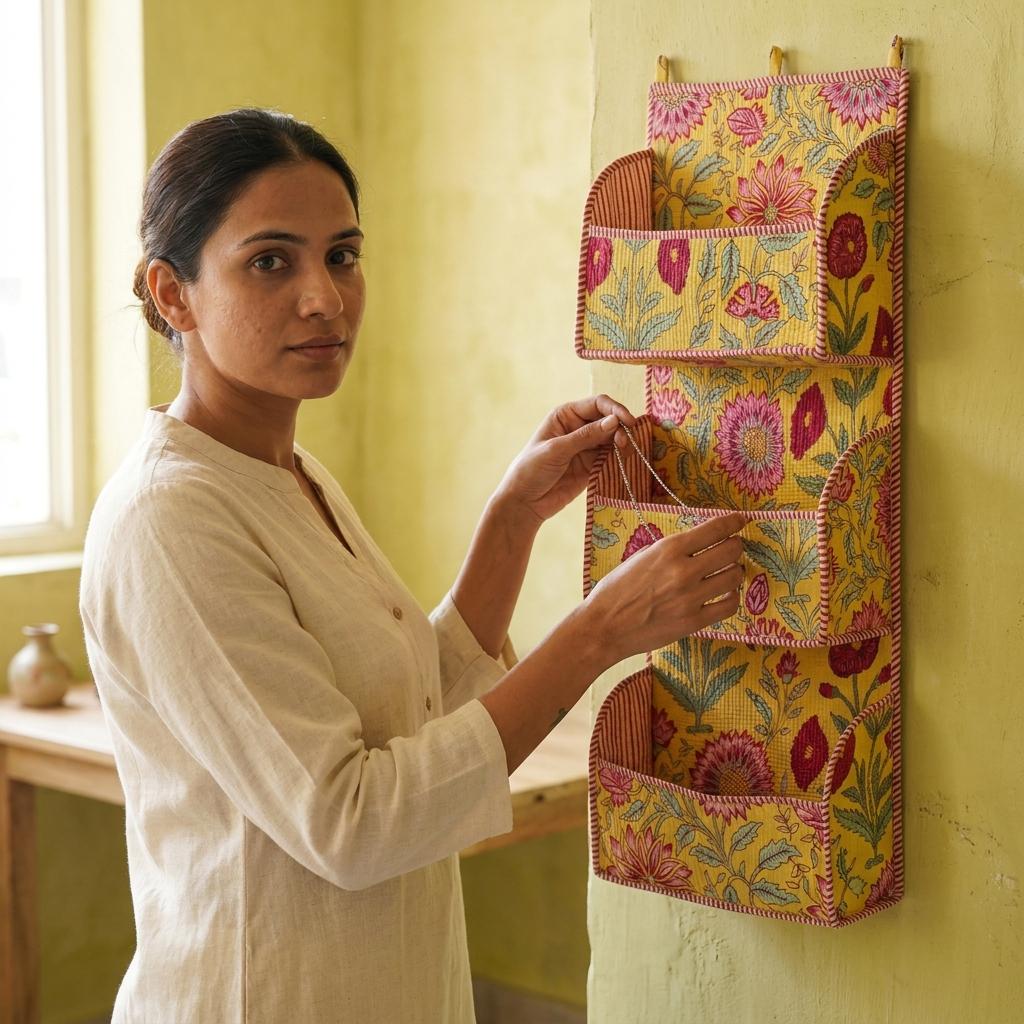 Yellow Floral Quilted Cotton Hanging Wall Organizer, Handcrafted Tiered Pocket Fabric Mail Hanger