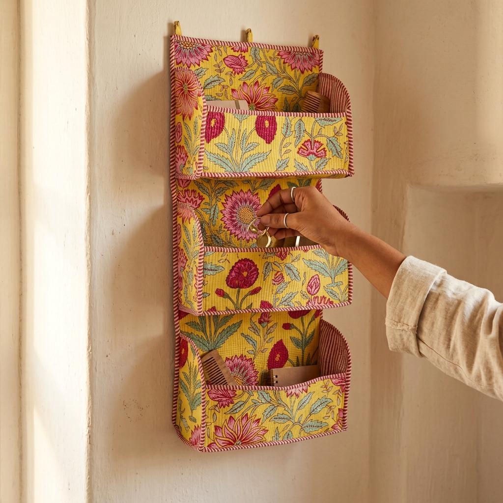 Yellow Floral Quilted Cotton Hanging Wall Organizer, Handcrafted Tiered Pocket Fabric Mail Hanger