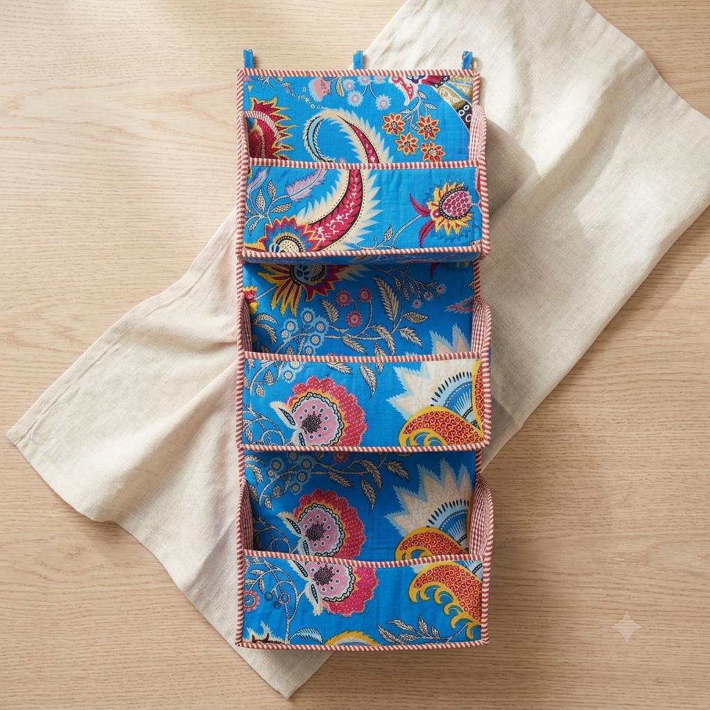 Blue Paisley Quilted Cotton Hanging Wall Organizer, Handcrafted Tiered Pocket Fabric Mail Hanger
