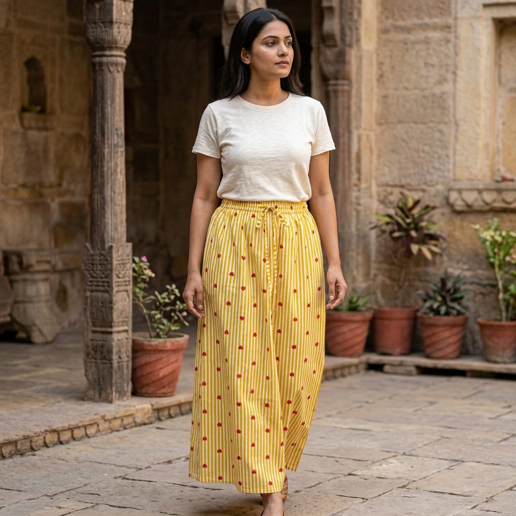 Handmade Yellow Striped Cotton Maxi Skirt Red Heart Print Drawstring Waist Boho Casual