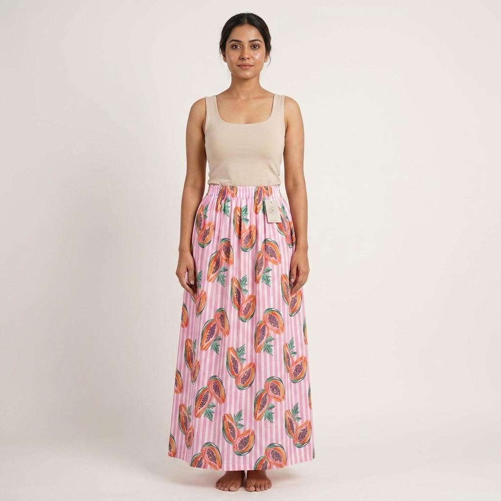 Handmade Pink Striped Cotton Maxi Skirt Papaya Fruit Print Elastic Waist Boho Summer