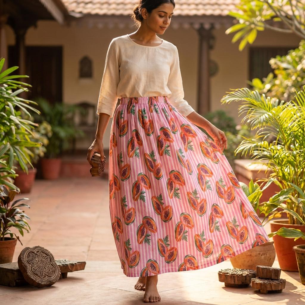 Handmade Pink Striped Cotton Maxi Skirt Papaya Fruit Print Elastic Waist Boho Summer