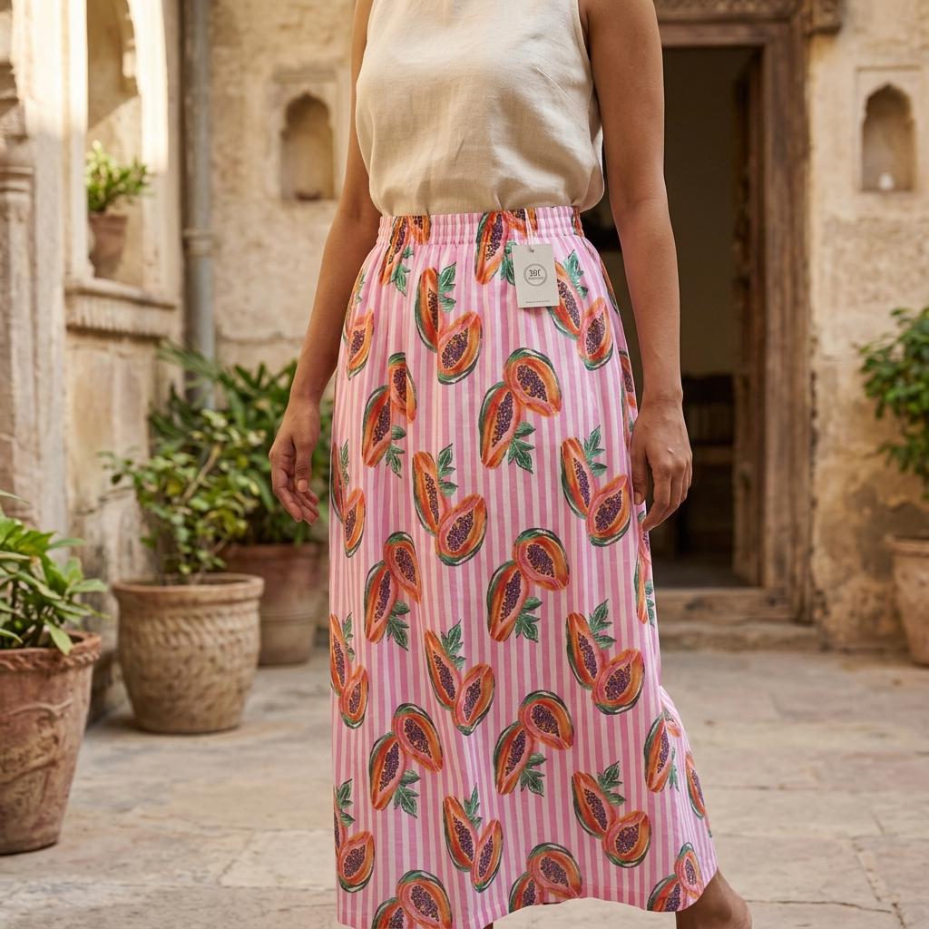 Handmade Pink Striped Cotton Maxi Skirt Papaya Fruit Print Elastic Waist Boho Summer
