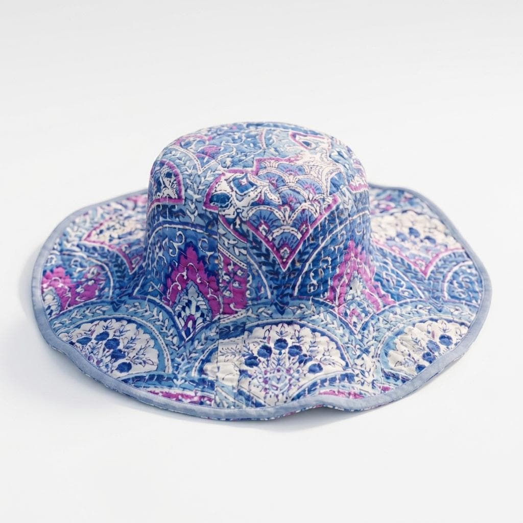 Handmade Blue Pink Paisley Block Print Cotton Quilted Bucket Hat Summer Sun Boho