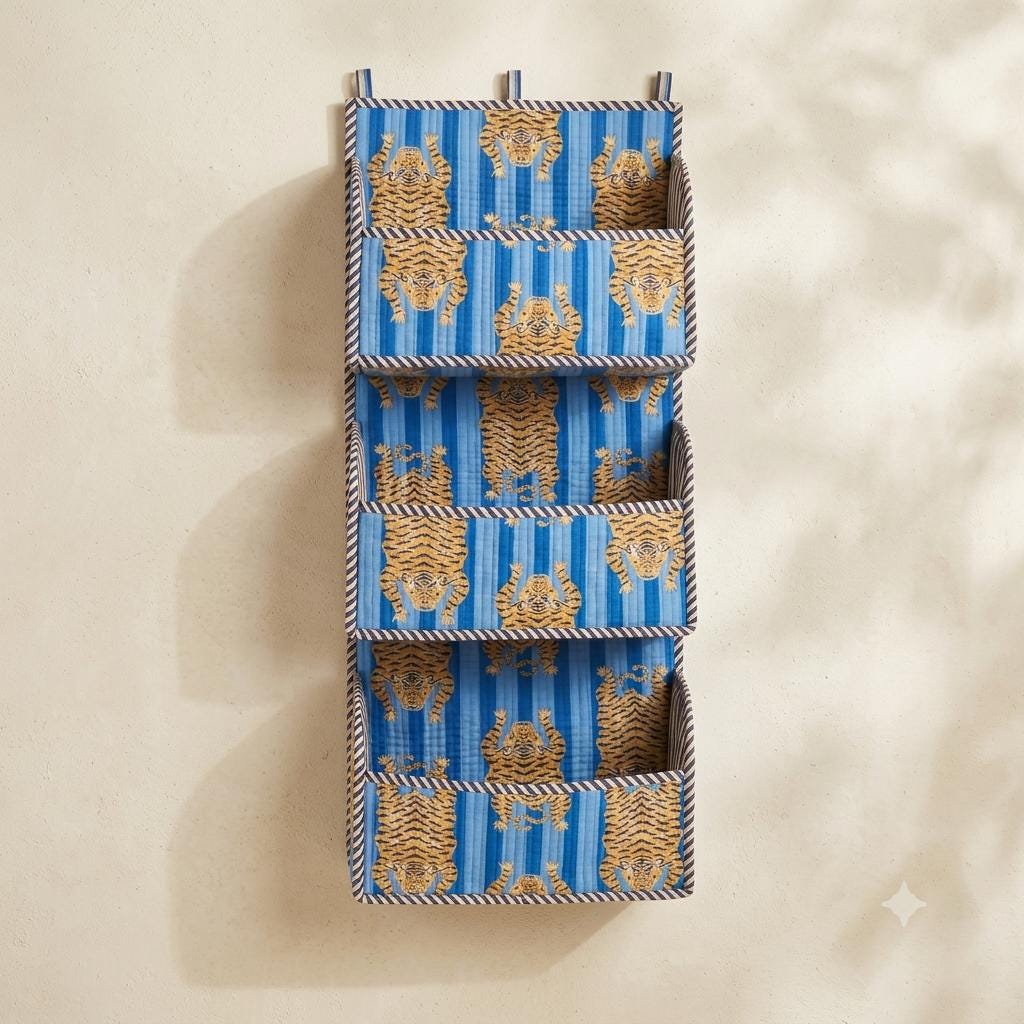 Blue Tiger Quilted Cotton Hanging Wall Organizer, Handcrafted Tiered Pocket Fabric Mail Hanger