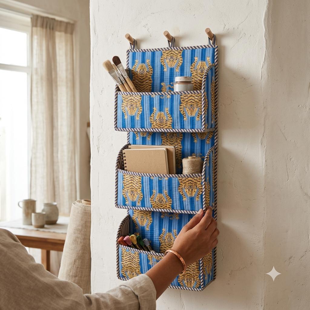 Blue Tiger Quilted Cotton Hanging Wall Organizer, Handcrafted Tiered Pocket Fabric Mail Hanger