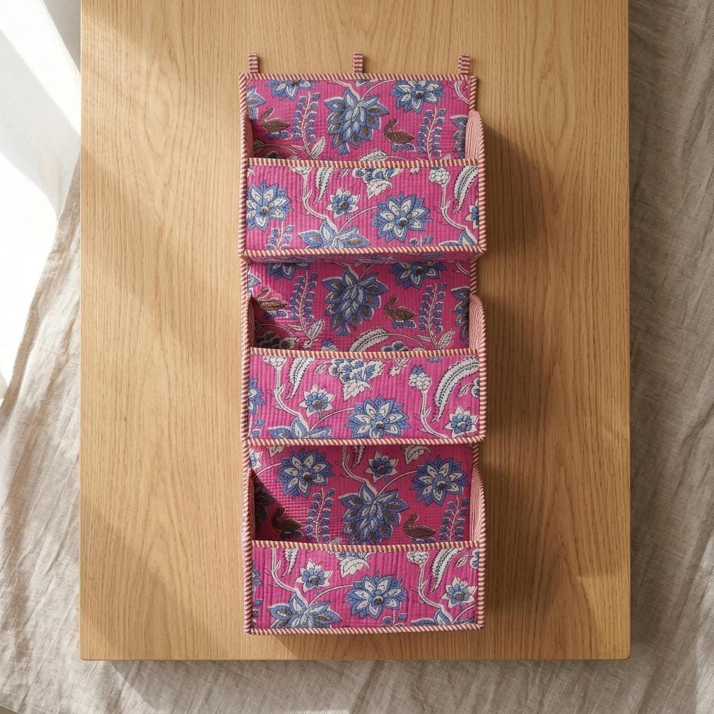 Pink Floral Quilted Cotton Hanging Wall Organizer, Handcrafted Tiered Pocket Fabric Mail Hanger