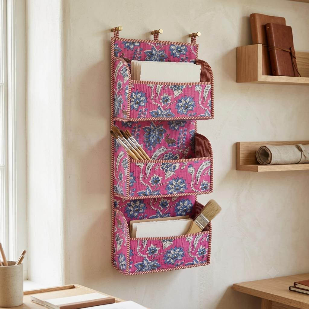 Pink Floral Quilted Cotton Hanging Wall Organizer, Handcrafted Tiered Pocket Fabric Mail Hanger