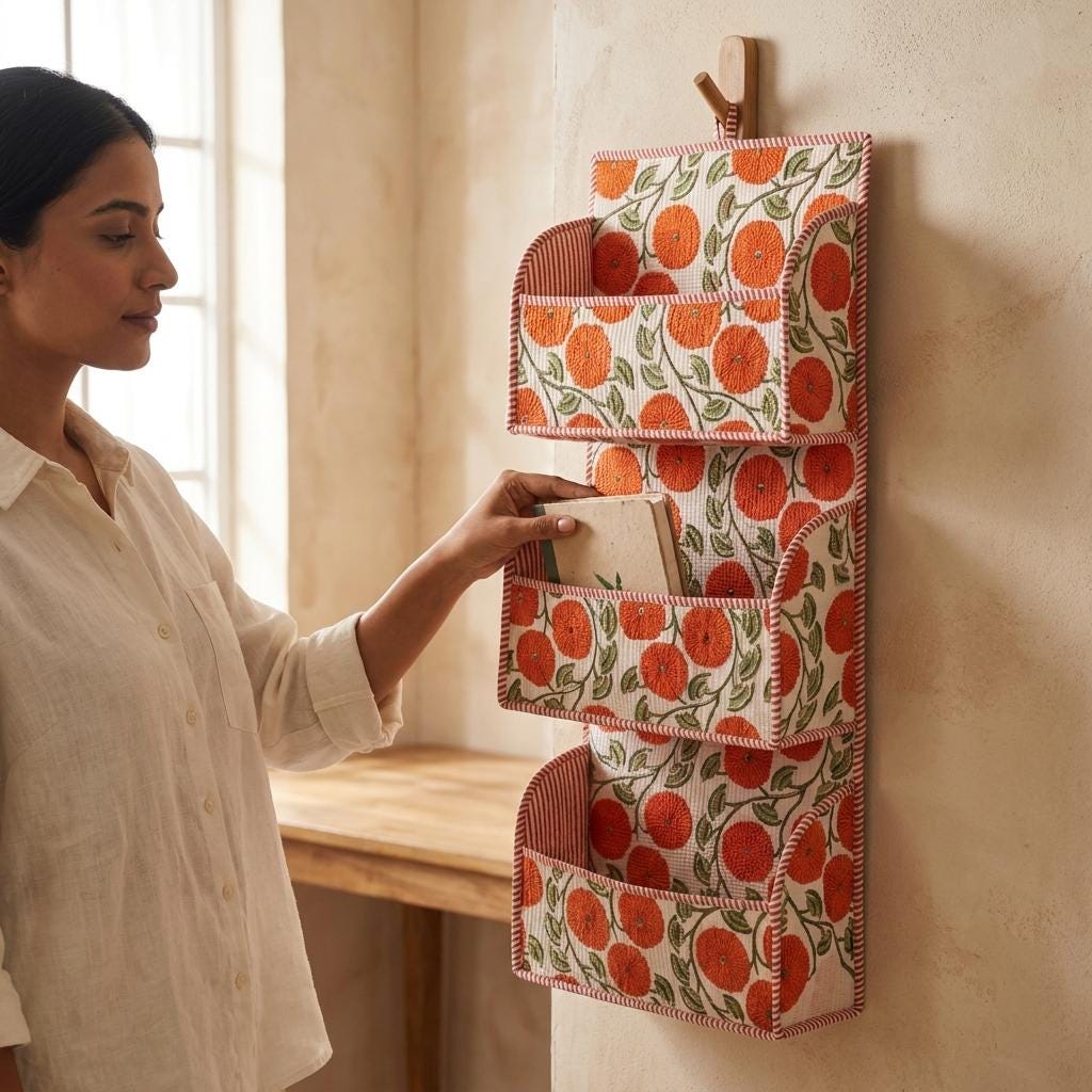 Orange Marigold Quilted Cotton Hanging Wall Organizer, Handcrafted Tiered Pocket Fabric Mail Hanger