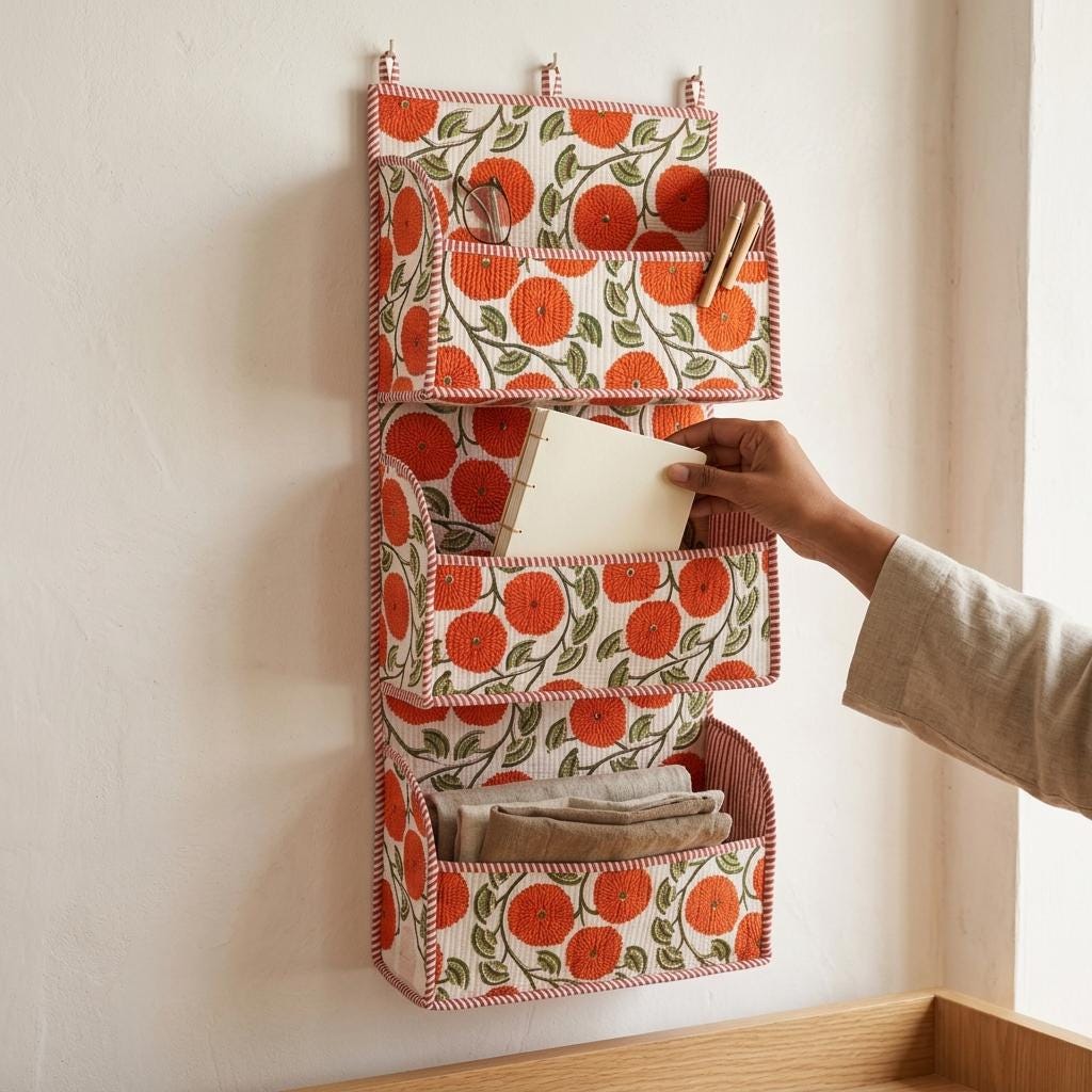 Orange Marigold Quilted Cotton Hanging Wall Organizer, Handcrafted Tiered Pocket Fabric Mail Hanger