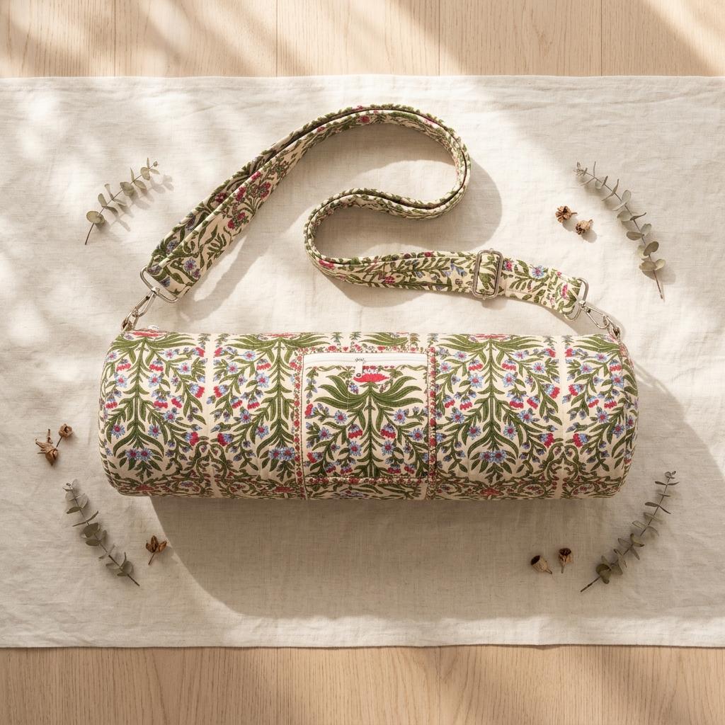 White Quilted Cotton Yoga Mat Bag, Handcrafted Floral Sling Shoulder Tote Carrier