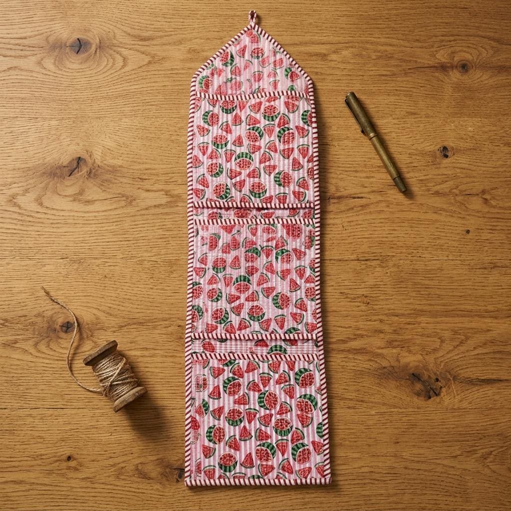 Handmade Watermelon Block Print Cotton Hanging Pocket Storage Nursery Bathroom Closet Decor Organizer Gift