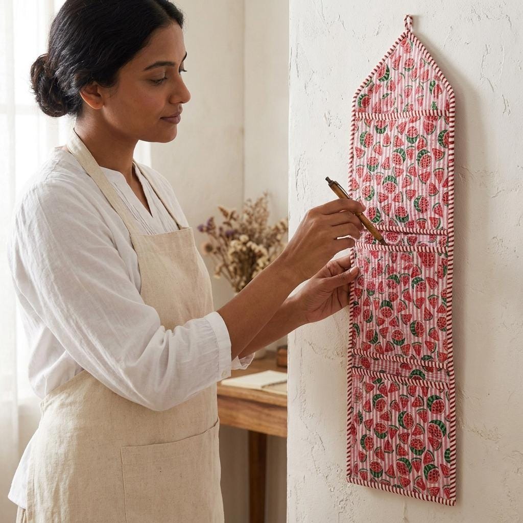 Handmade Watermelon Block Print Cotton Hanging Pocket Storage Nursery Bathroom Closet Decor Organizer Gift