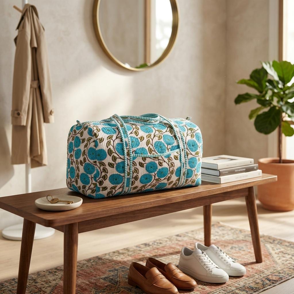 Handmade Blue Floral Quilted Cotton Duffel Bag, Turquoise Botanical Travel Weekender