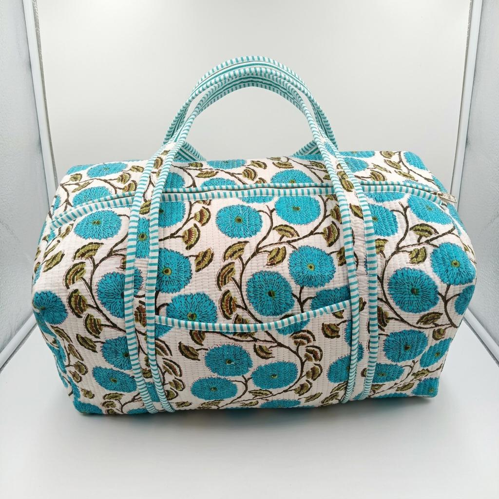 Handmade Blue Floral Quilted Cotton Duffel Bag, Turquoise Botanical Travel Weekender