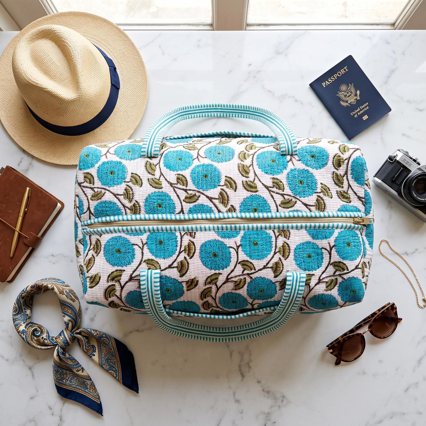 Handmade Blue Floral Quilted Cotton Duffel Bag, Turquoise Botanical Travel Weekender