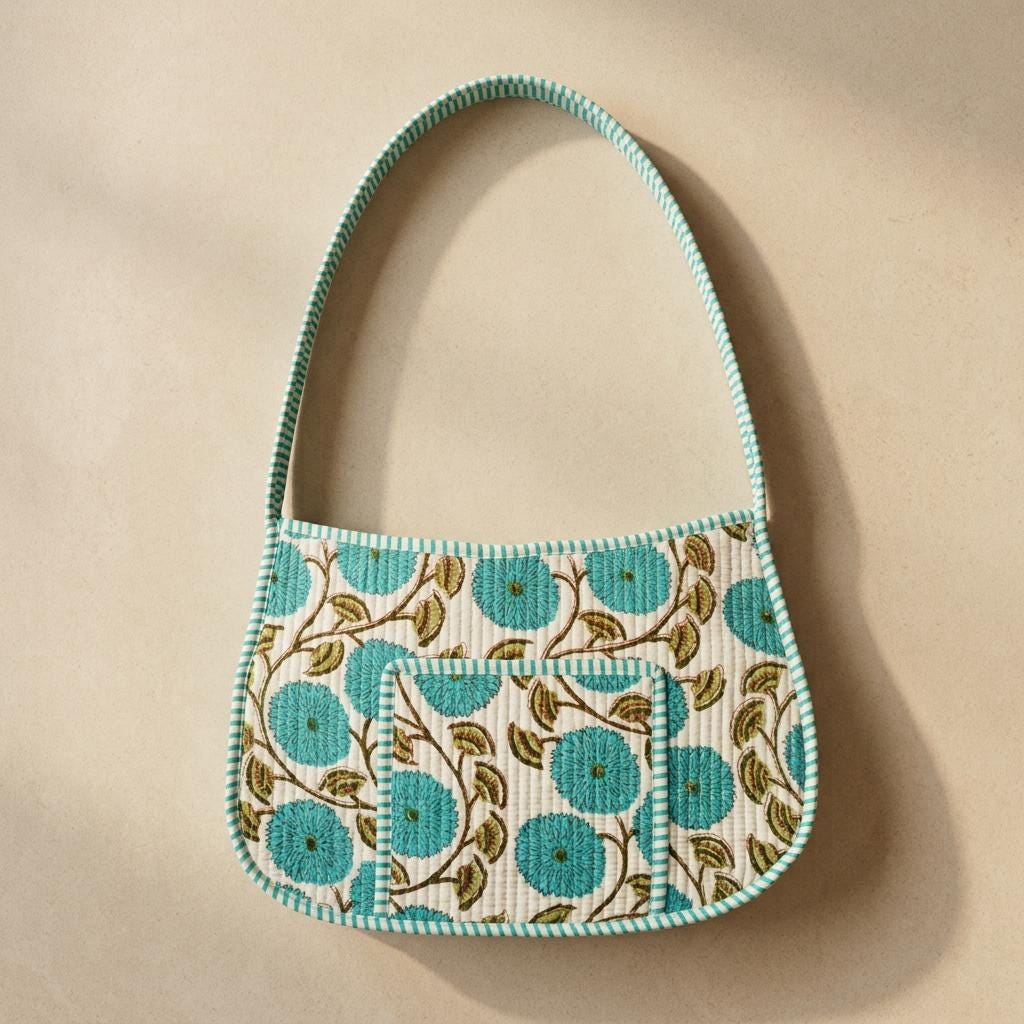 Turquoise Blue Floral Quilted Cotton Shoulder Handbag, Handcrafted Small Purse, Botanical Hobo Tote Baguette