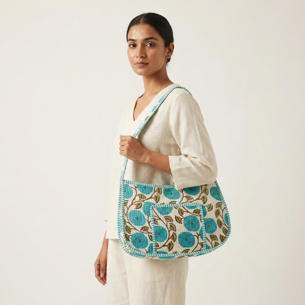 Turquoise Blue Floral Quilted Cotton Shoulder Handbag, Handcrafted Small Purse, Botanical Hobo Tote Baguette