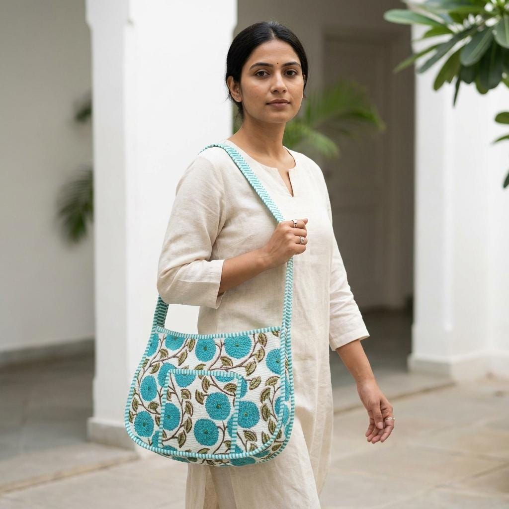 Turquoise Blue Floral Quilted Cotton Shoulder Handbag, Handcrafted Small Purse, Botanical Hobo Tote Baguette